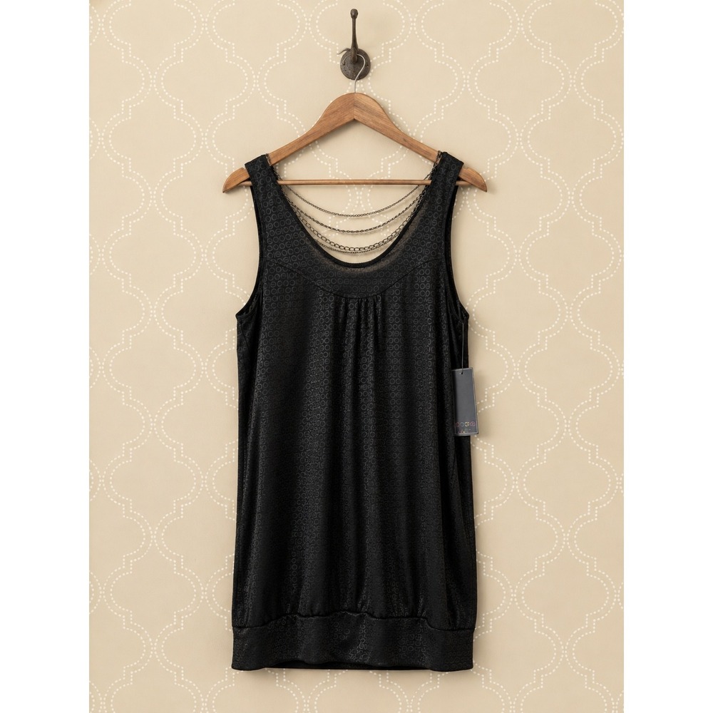 COOGI Tunic Top Draped Chain Back Logo Print Black Size M